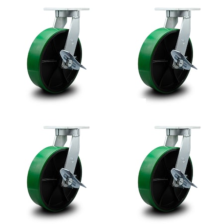 Service Caster 10 Inch Heavy Duty Green Poly on Cast Iron Swivel Caster Set with Brakes, 4PK SCC-KP92S1030-PUR-GB-SLB-4